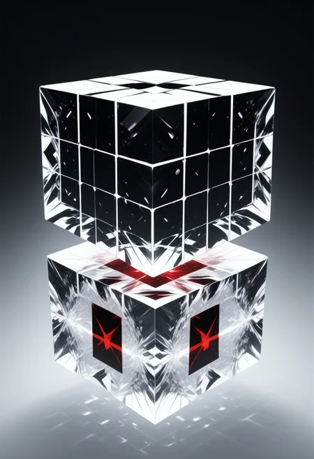(masterpiece), best quality, Anime, (Floating Cube), White Background, No Humans, Black and Red Theme, (Light Refraction), Symphtia-Style