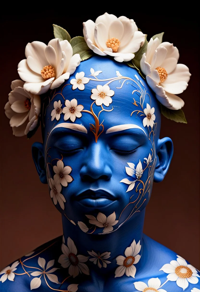 end_delft_morph, made of porcelain, solo, 1boy, male focus, closed eyes, upper body, bald, face paint, white skin, painted flower, colored skin, simple background, closed mouth, brown background, delft porcelain, blue and white porcelain, delaware porcelain, best quality, masterpiece