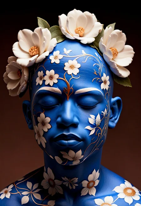 end_delft_morph, made of porcelain, solo, 1boy, male focus, closed eyes, upper body, bald, face paint, white skin, painted flower, colored skin, simple background, closed mouth, brown background, delft porcelain, blue and white porcelain, delaware porcelain, best quality, masterpiece