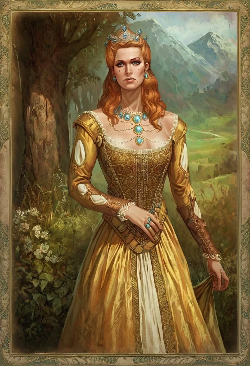 score_9, score_8_up, score_7_up, witcher1cardstyle, romance card with frame, witcher card frame, card frame, picture frame, 1 girl, portrait, anhnritta, long hair, wavy hair, crown, mole under eye, earrings, dress, necklace, gem, ring, Hand, perfect hand, perfect hands, detailed hands,