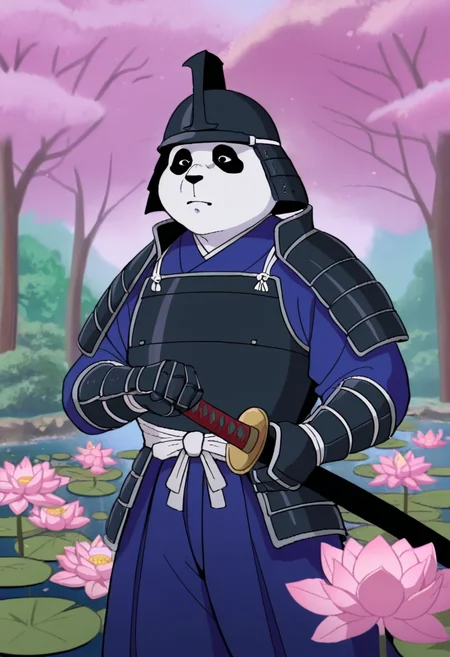 best quality, masterpiece, absurdres, newest, highly detailed, (official style: 1.1), cartoon, parody,
<lora:TMNT_1987_-_Cartoon_Screen_Captured_Style:1> 1987tmnt5tyl3, outdoors, Japanese scenery, lotus blossoms, pink flowers, trees, 1boy, samurai, male focus, samurai helmet, armor, gauntlets, katana,masculine, dark eyes, panda, cowboy shot,