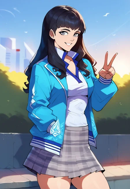 safe_pos, score_9, score_8_up, score_7_up, score_6_up, masterpiece, absurdres, realistic, detailed, (perfect anatomy:1.1), perfect body, (perfect hands:1.2), fullbody shot, solo, outdoors, rooftop
BREAK
taosmtv, long hair, black hair, blunt bangs, grey eyes, jacket with puffy sleeves, lightblue jacket, white shirt, v neck, blue trim collar, grey skirt, plaid skirt, smile, perky tits,