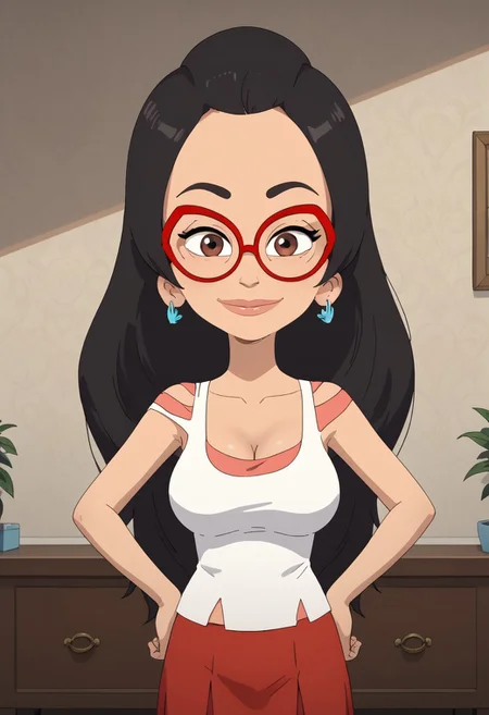 ((room background)),score_9, score_8_up, score_7_up,score_6_up, 
1girl, solo, AliWong_BM, beige skin, brown eyes, black eyebrows, voluminous straight hair, black hair, long hair, large red glasses, sky blue earrings, white tank top, under light red top, red skirt, ripped dark grey tights, black socks, red high top sneakers, big eyes, full lips, cute, medium height, social smile, perfect eyes, perfect smile, looking at the viewer, detailed eyes, perfect eyes, standing, big breasts (front pose, bust shot) five fingers, perfect hands, hands on hips
