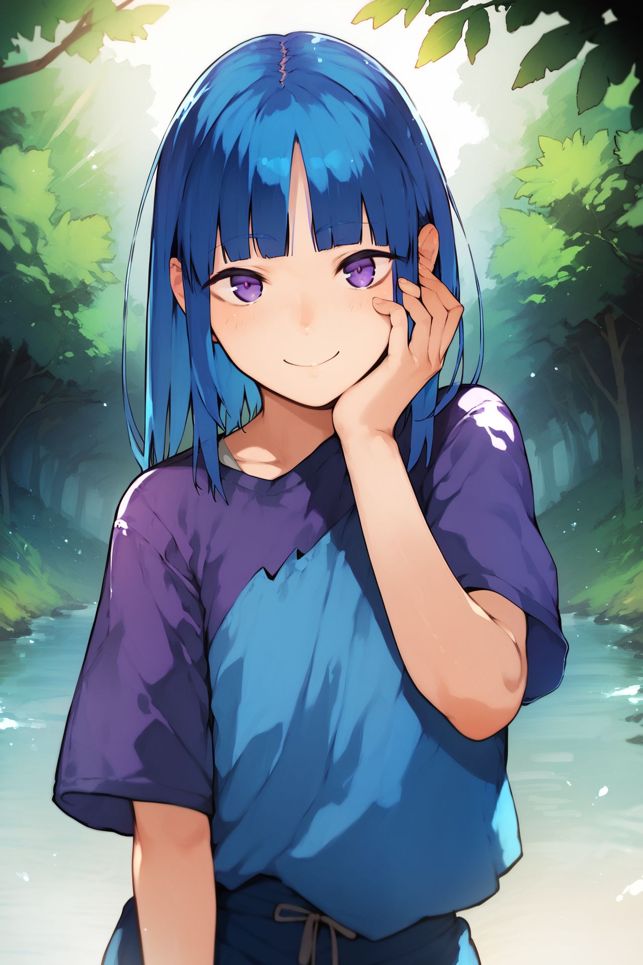 score_9, score_8_up, score_7_up, 1girl, kind smile, light_blue hair, blunt_bangs, purple eyes, flat chest, hand on own face, outdoors, sunbeam <lora:nishiide_kengorou_PonyXL_style_v01:1>