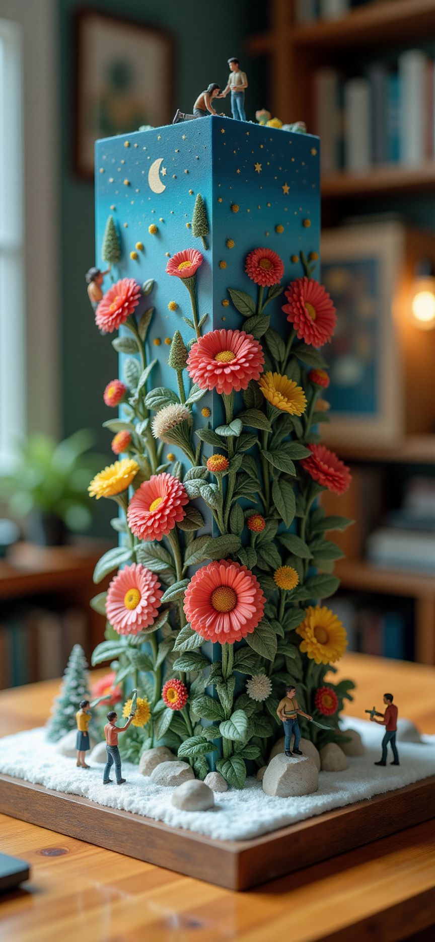 (indoors,indoor,isometric view,side view,tilt-shift lens:2), (fna_style,miniature,miniature,diorama,miniature,diorama,PVC,plastic:2),starry night,winter giant (multi stories multi layer of flower cubic vertical:2.5)  is located center, people are climbing with ropes, (in wooden square plate:3) (on table at study:3) <lora:Fantasy_Novel_Art_Style:1> <lora:Rostpunk:0.3>