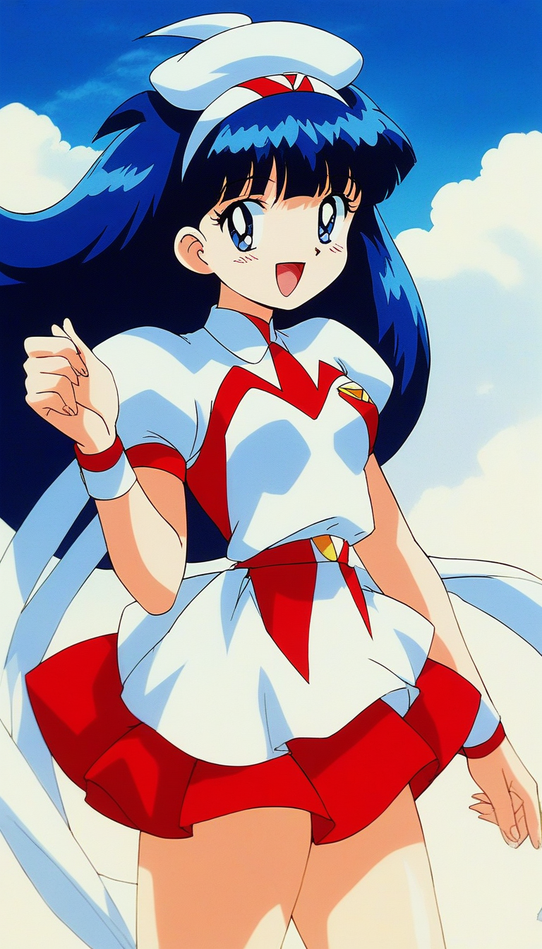 score_9, score_8_up, score_7_up, source_anime, rating_explicit, BREAK <lora:Tsurugino_Hikari_XL:1>Tsurugino_Hikari, long hair, blue hair, 1990s (style), hairband, blue eyes, bangs, ahoge, small breasts,
1girl, solo, hat, retro artstyle, skirt, open mouth, uniform, smile, 
wristband, looking at viewer, 1990s (style), puffy sleeves, short sleeves, bow, dress, :d
dauy, sky, outdoor.