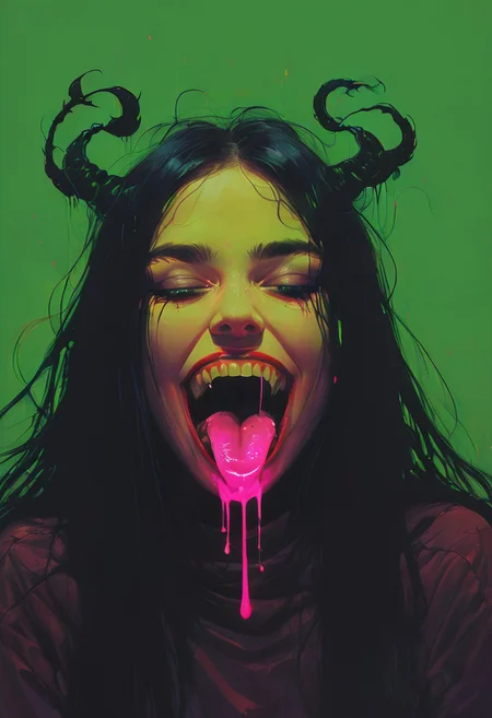 a woman resembling venom, Open mouth, tongue, shadow veiling her eyes, Long Hair, Horns, blushed smiling, Excited, Venom by Conrad Roset, pop art, pop surrealism, dark color graded, very detailed 3d effect, deep image visualisation, extreme depth of field, create a pop-art hyperpunk scene with desaturated dark yellow and neon-green details, colorful (polaroid:0.7) with vibrant colors, (vacations, high resolution:1.3), (small, selective focus, european film:1.2), (sexual advance:1.5), closeup