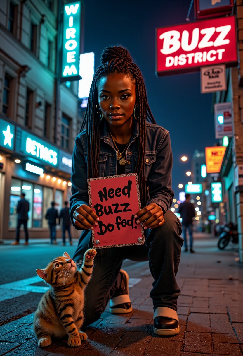 sfw, safe, realistic, cinematic lightings, full body in frame, volumetric lighting, photo,
BREAK
1girl, 18 years old, African female, dark skinned female, skinny, long braided hair, makeup, green eyes, detailed face, beautiful face, pose, holding sign that says "need BUZZ for food!", dynamic angle, motion blur, motion lines, 1cat, petting cat, 1 kitten,
BREAK
City, night, nnsgn, signs say "BUZZ LIGHT DISTRICT", lightning bolt symbols on signs, aidmatextimprover, mythp0rt