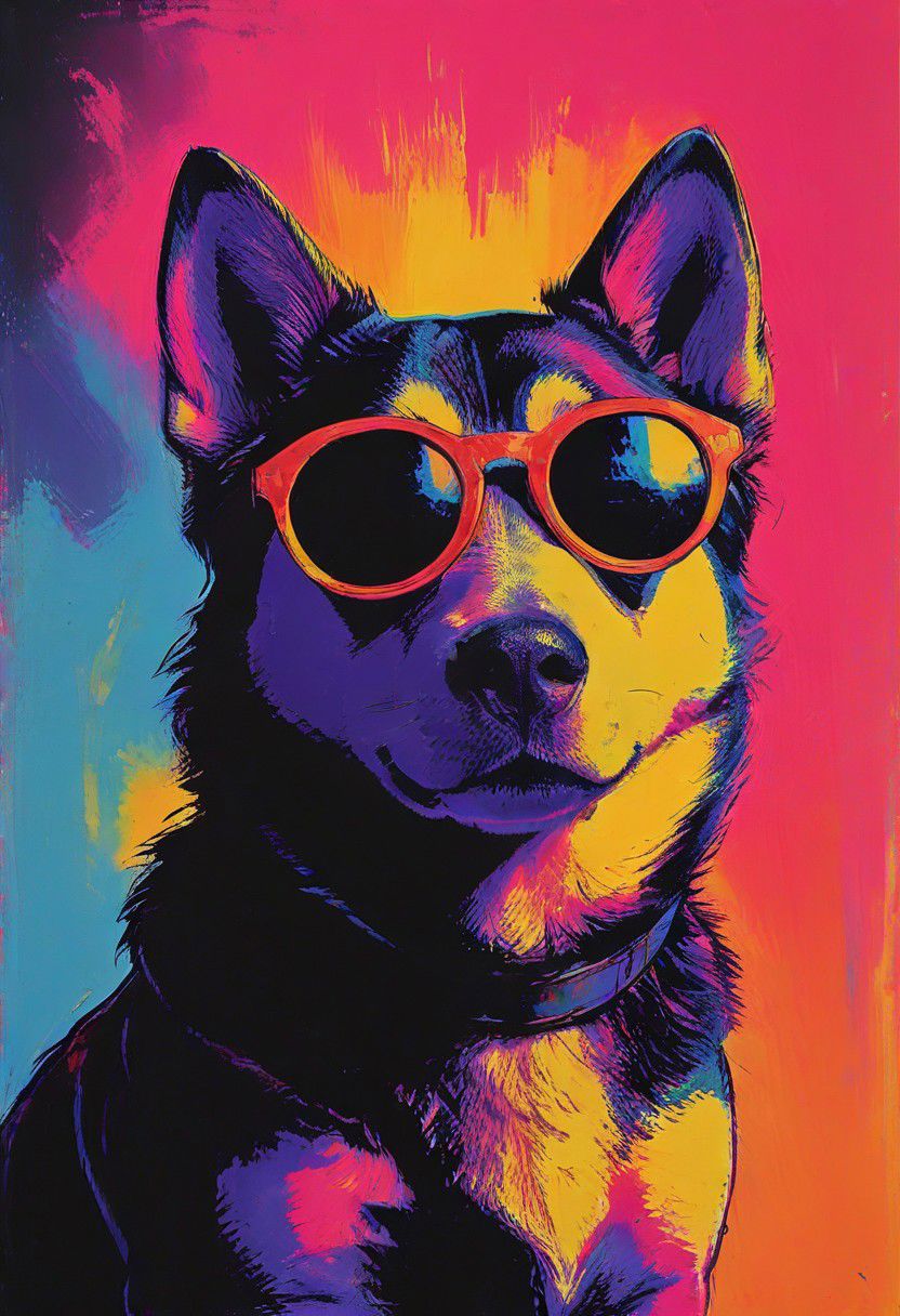 impactful color paint of, a husky puppy wearing dark sunglasses, highly detailed, vibrant colors , 8k, sharp, professional, clear, high contrast, high saturated, , vivid deep blacks, crystal clear