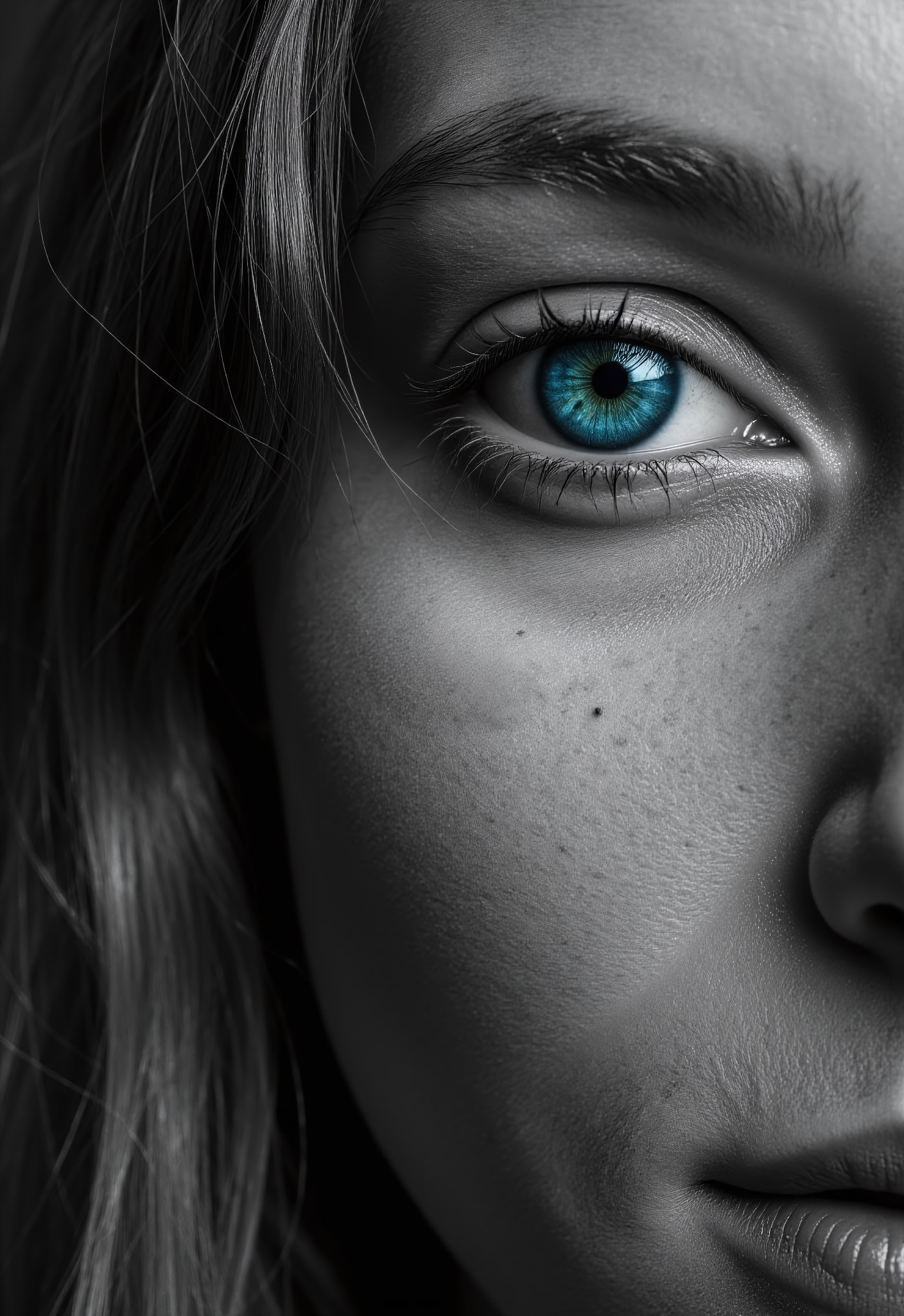 aidmarealisticskin, aidmarealisticskin, a high quality digital greyscale image of a beautiful dutch woman's face, she is in her late 20s and the image is focused around her eye and we only see half of her face in the image. the image is entirely greyscale apart from her eye which is a vivid cyan and highly intricate. she has a slight smile on her face