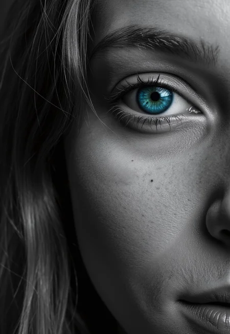 aidmarealisticskin, aidmarealisticskin, a high quality digital greyscale image of a beautiful dutch woman's face, she is in her late 20s and the image is focused around her eye and we only see half of her face in the image. the image is entirely greyscale apart from her eye which is a vivid cyan and highly intricate. she has a slight smile on her face