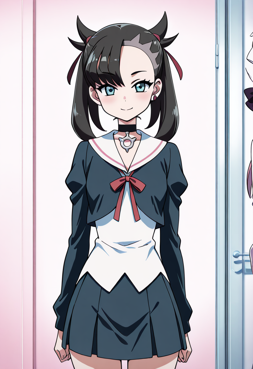 masterpiece, best quality, smile, looking at viewer, narrow waist,    aki sora, school uniform, skirt, serafuku ,anime screenshot,  zzMarnie, asymmetrical bangs, aqua eyes, black hair, black choker, red ribbon,     ,<lora:AkiSoraYumenoNaka_IXL:1.0>,  ,<lora:CitronKuroStyle_IXL:1.0>,  ,<lora:MarniePokemonIllustrious:1.2>,