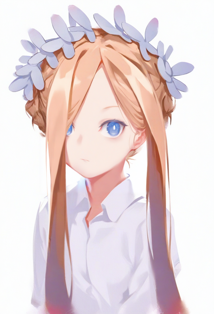 1girl, blue eyes, solo, abigail williams \(fate\), blonde hair, long hair, bangs, white background, looking at viewer, official alternate costume, sidelocks, parted bangs, simple background, braid, hair ornament, upper body, closed mouth, forehead, white shirt, butterfly hair ornament, maid headdress, shirt <lora:solaXL_NBVP1_lokr_V6311PZ:0.95>