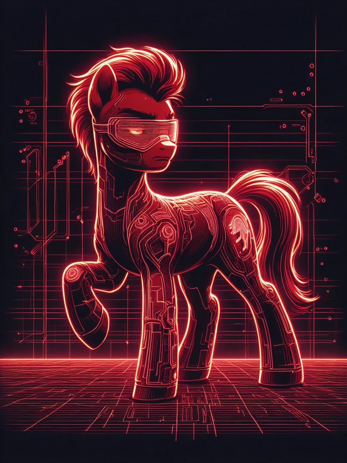 score_9, score_8_up, score_7_up, cinematic photo, dramatic lighting, pony, cyberpunk, grid, neon outline, 1980s,dynamic pose <lora:Neon_Cyberpunk_Cyberspace_Pony:1>