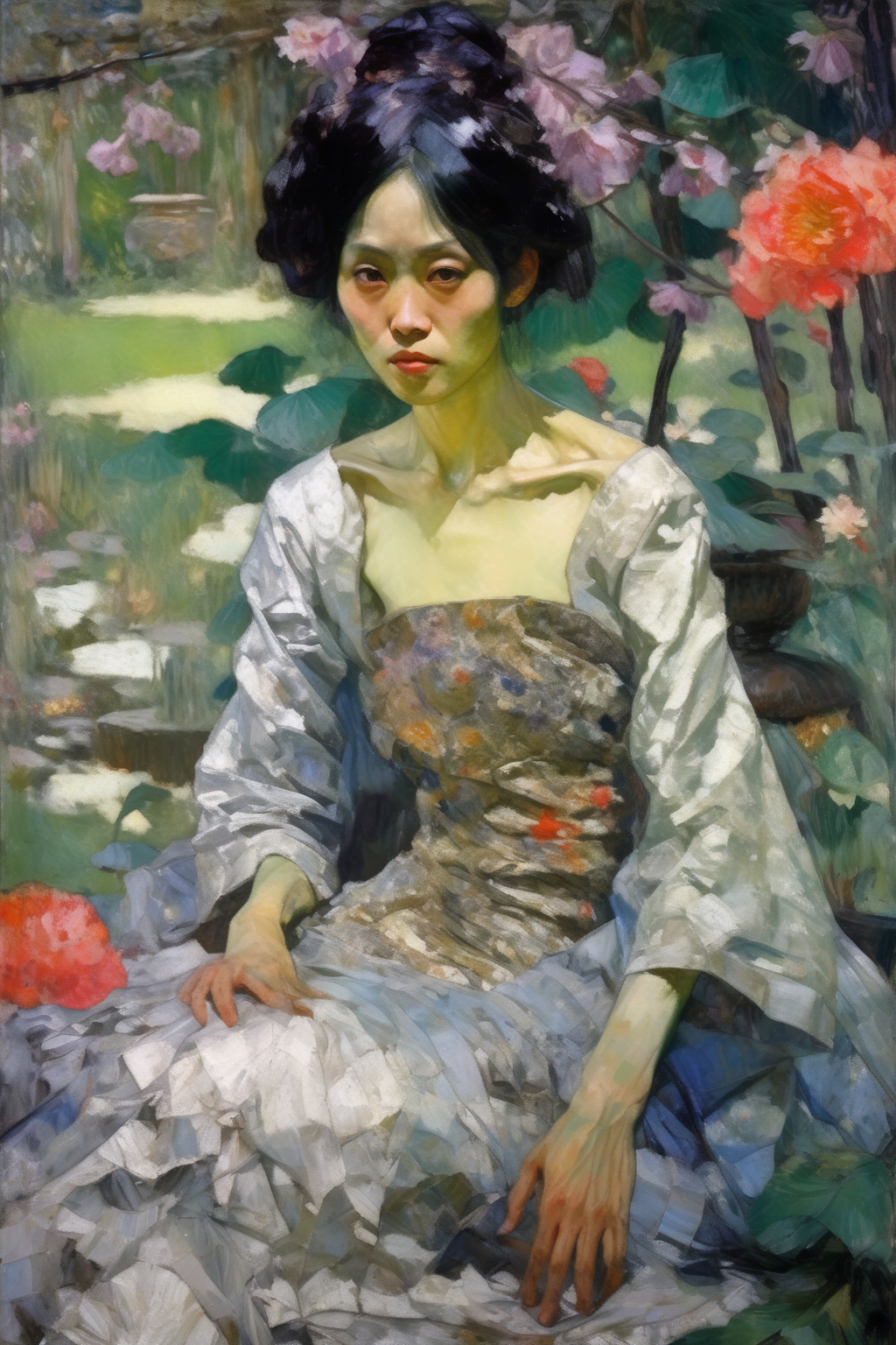 <lora:Mikhail Vrubel Style:1>Mikhail Vrubel Style - a messy, impasto portrait of a seated, slim, 30 year old, very beautiful Japanese Korean woman wearing a lavish gown in a garden