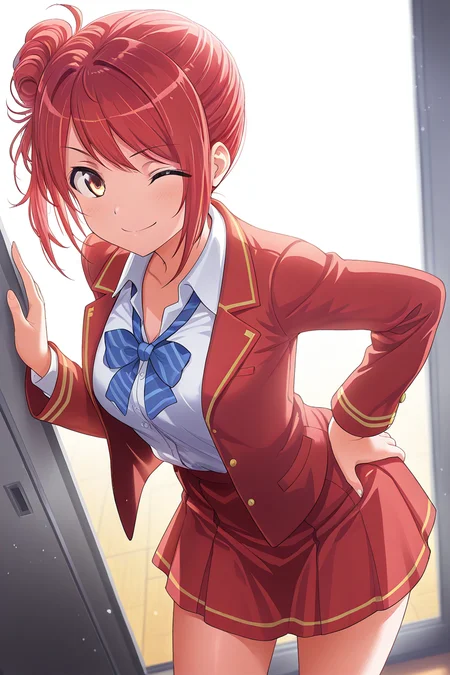 masterpiece, best quality, amazing quality,
<lora:Misora_IL:1> misora, 1girl, solo, one eye closed, red school uniform, hair bun, skirt, jacket, smile, single hair bun, hand on hip, looking at viewer, shirt, yellow eyes, single side bun, red hair, blue bowtie