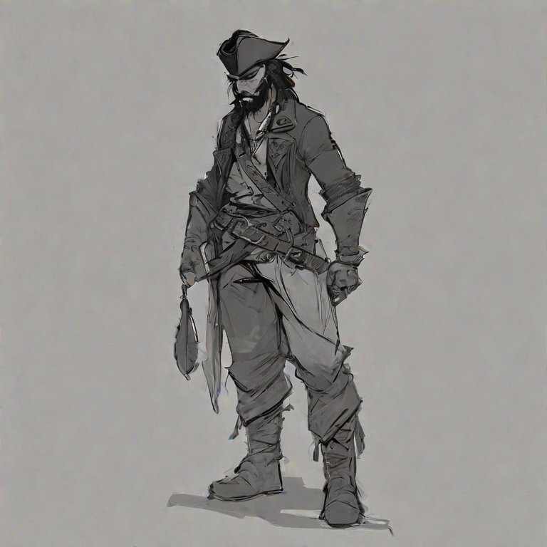 focus on character,(battlescars:0.7), looking down, solo, simple background, (tribal aztec theme:0.6),  outlaw, tattoos, elaborate Air superiority , pirate sailor outfit, eyepatch,  pendant, dark expression, walking, sypglass, coastal pirate town, <lora:Charasilhouette-V1-000004:0.6> charasil style, monochrome, full body, silhouette , sketch