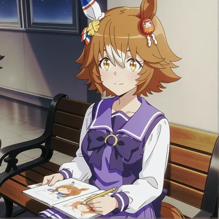 1girl,
<lora:shinjidai_V3:1>
(anime screenshot,anime screencap,:1.2)
1girl, sitting on a park bench, sketchbook, drawing, solo, peaceful, creative, in the countryside,safe,general,
(depth of field, bokeh, solo focus, :0.9)
<lora:dmd2_sdxl_4step_lora_fp16:1>
matikanefukukitaru \(umamusume\),umamusume, horse girl, horse ears, horse tail, single ear cover, hair between eyes, yellow eyes, orange eyes, orange hair, short hair, flipped hair, clover hair ornament, medium breasts, serafuku, serafuku, white shirt, daruma doll,,, masterpiece, best quality, very aesthetic, absurdres, newest ,