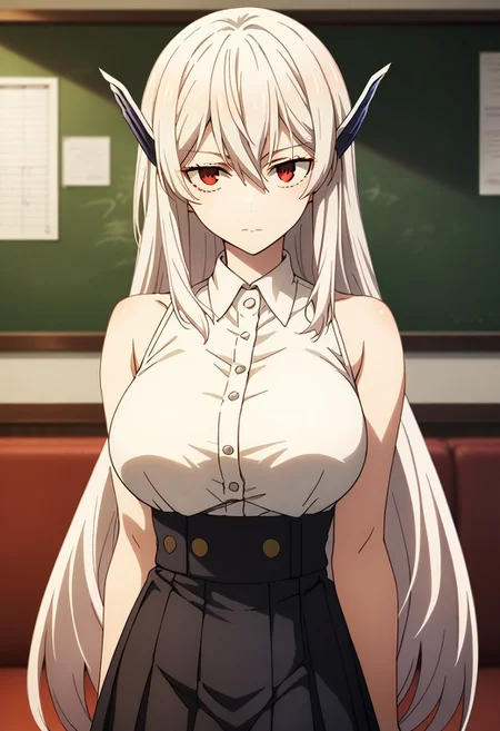 score_9_up, score_8_up, score_7_up, extreamly detailed, beautiful detailed face, complex detailed background, completely clothes, BREAK,
KYOUKA UZEN (MATO SEIHEI NO SLAVE), 1girl, solo, long hair, breasts, looking at viewer, bangs, skirt, large breasts, shirt, red eyes, hair between eyes, bare shoulders, very long hair, closed mouth, white shirt, white hair, pleated skirt, sleeveless, collared shirt, indoors, miniskirt, black skirt, sleeveless shirt