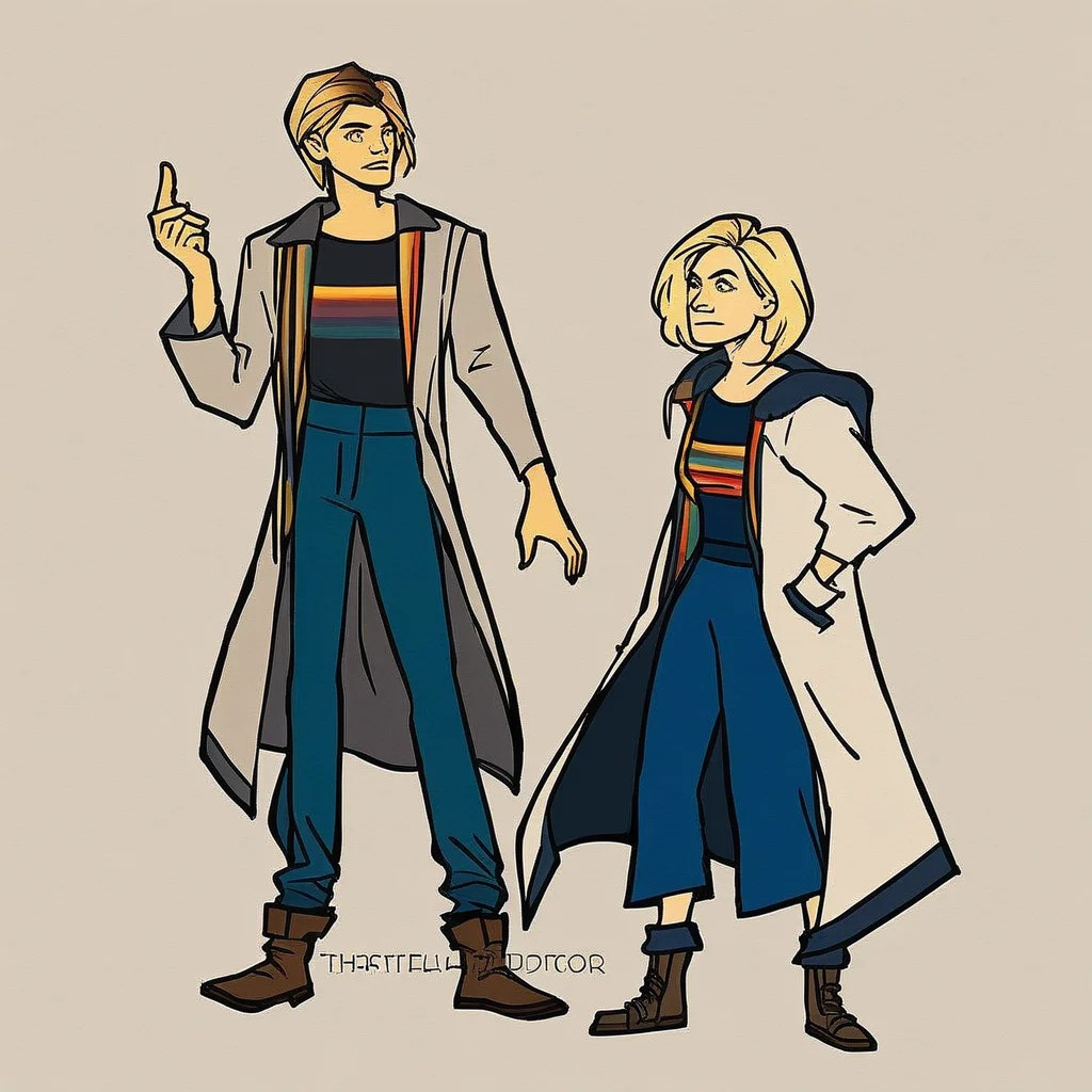 thirteenth doctor, pants, coat, rainbow on shirt, black shirt, blue pants, brown boots, yellow eyes