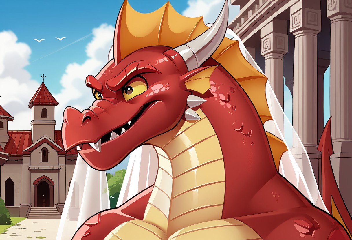 score_9, score_8_up, score_7_up, score_6_up, source_MLP, solo, from front,
Garble the Dragon, Red Scales, Yellow Sclera, Happy, Male, wedding dress,
Temple background, by drako
