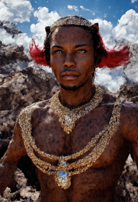 aborigines african arabian arctic brazilian chinese european havaiian japanese mongolian nordic russian western, Detailed, Only red blue and gold hues, a cowboy riding a giant kitten with golden claws and a diamond necklace shaped like the text "king of all felines", the kutten has giant innocent eyes reflecting the moon at night, the background is a desert with palk trees and a dusk sky filled with diamonds and stars