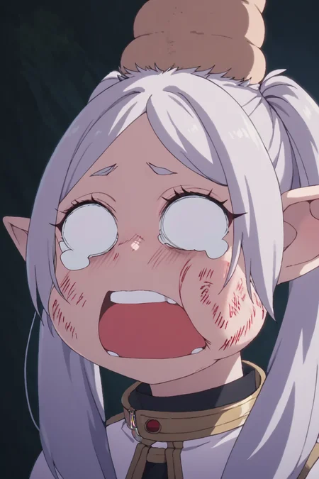 score_9, score_8_up, score_7_up, score_6_up, score_5_up, score_4_up, <lora:frieren-ponyxl-lora-nochekaiser:0.8> ,frieren, long hair, twintails, grey hair, pointy ears, elf, <lora:beat_up_face:0.8>, 1girl, solo, alone, blank eyes, circular eyes, tears, head bump, bruise, swollen cheeks, open mouth, missing tooth, masterpiece, highres