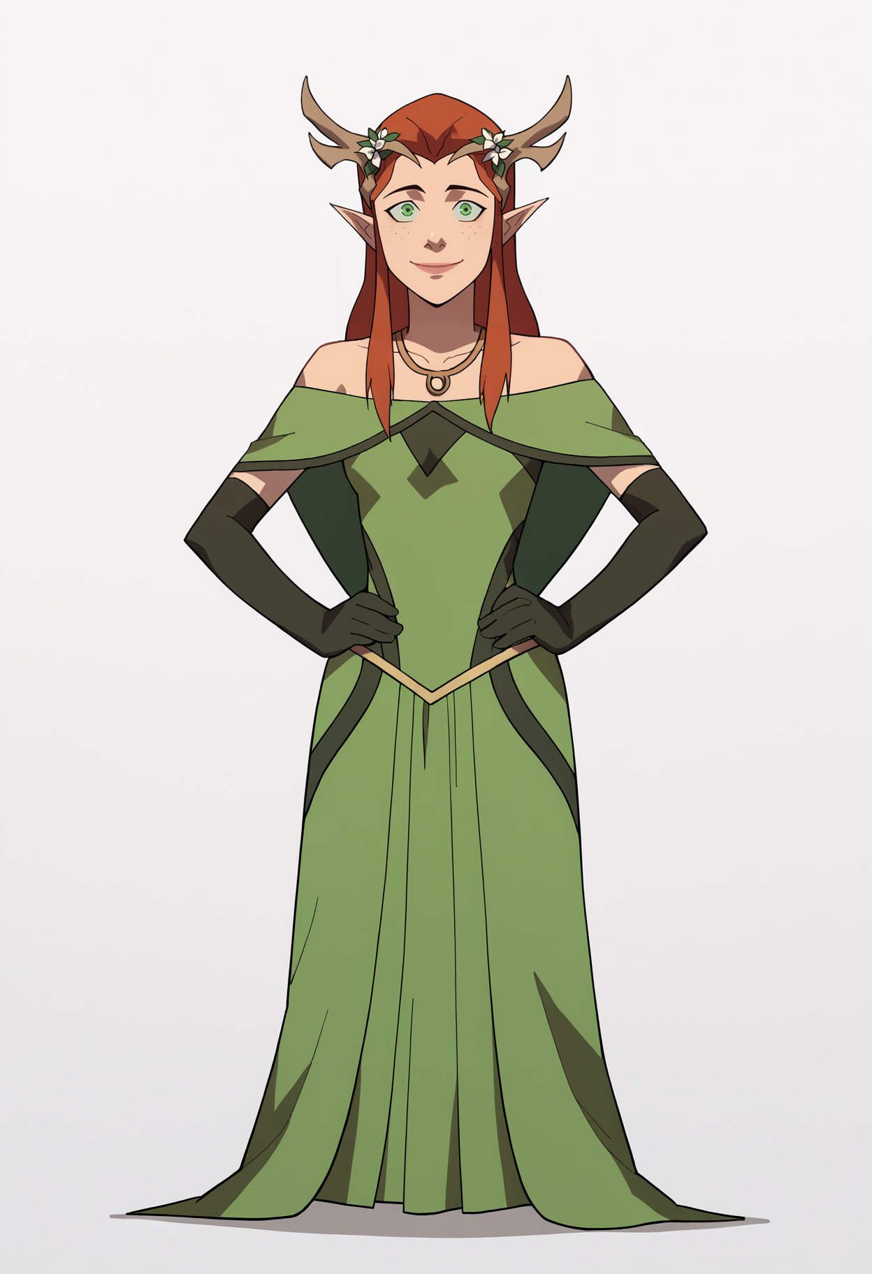 score_9, score_8_up, score_7_up, BREAK,
1girl, keyleth, ginger hair, green eyes, long hair, pointy ears,
antlers crown, 
bare shoulders, black elbow gloves, green dress,  necklace, formal,
hands on hips, full body, standing, smile, solo, looking at viewer, simple background, white background   <lora:KeylethPDXL_byKonan:1>