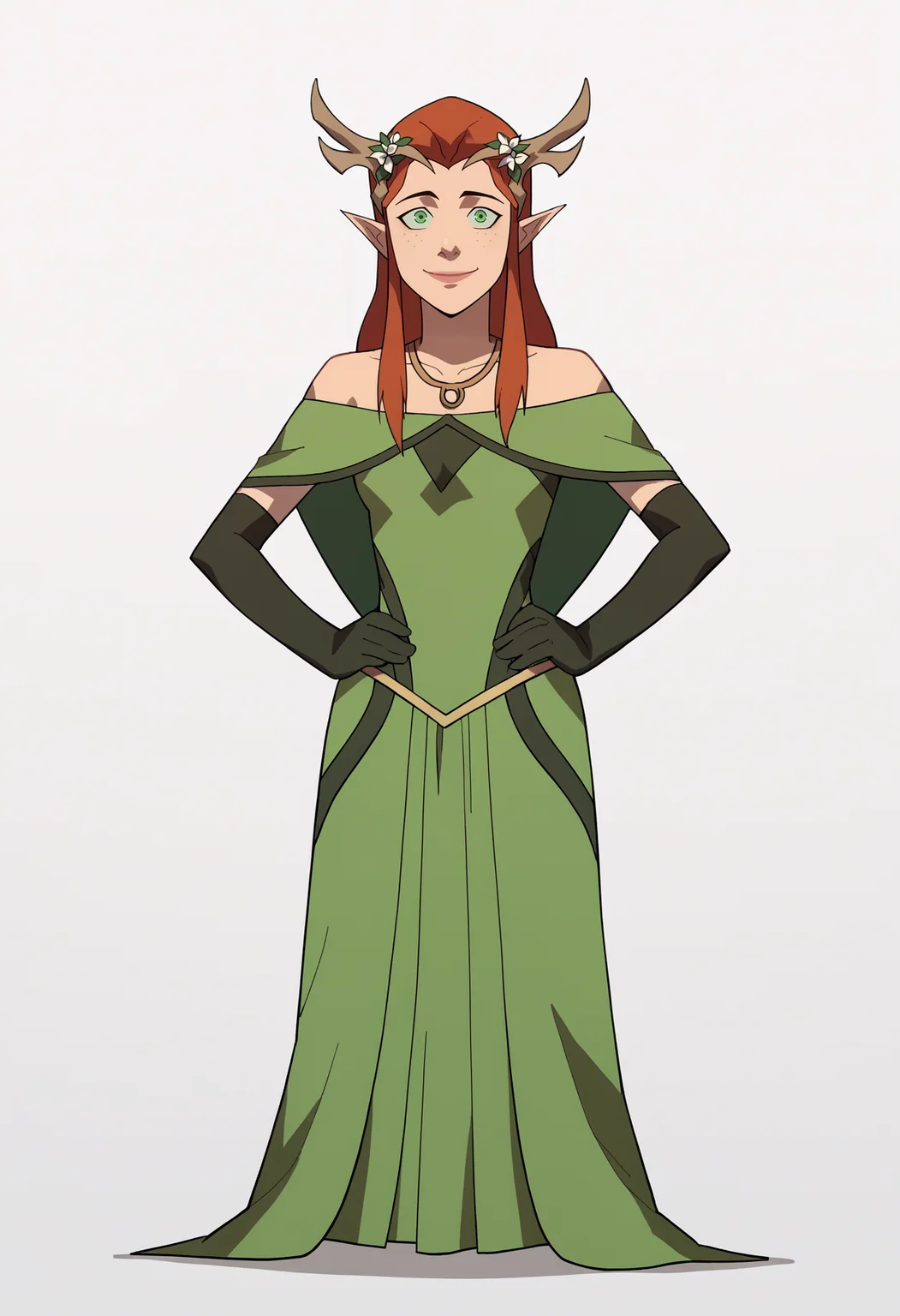 score_9, score_8_up, score_7_up, BREAK,
1girl, keyleth, ginger hair, green eyes, long hair, pointy ears,
antlers crown,
bare shoulders, black elbow gloves, green dress, necklace, formal,
hands on hips, full body, standing, smile, solo, looking at viewer, simple background, white background <lora:KeylethPDXL_byKonan:1>
