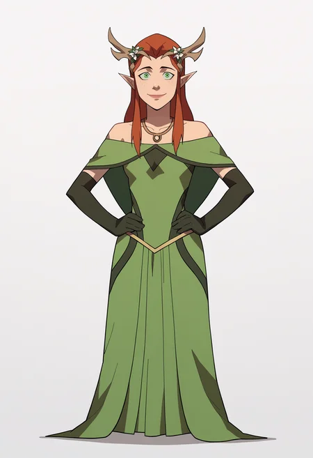 score_9, score_8_up, score_7_up, BREAK,
1girl, keyleth, ginger hair, green eyes, long hair, pointy ears,
antlers crown,
bare shoulders, black elbow gloves, green dress, necklace, formal,
hands on hips, full body, standing, smile, solo, looking at viewer, simple background, white background <lora:KeylethPDXL_byKonan:1>