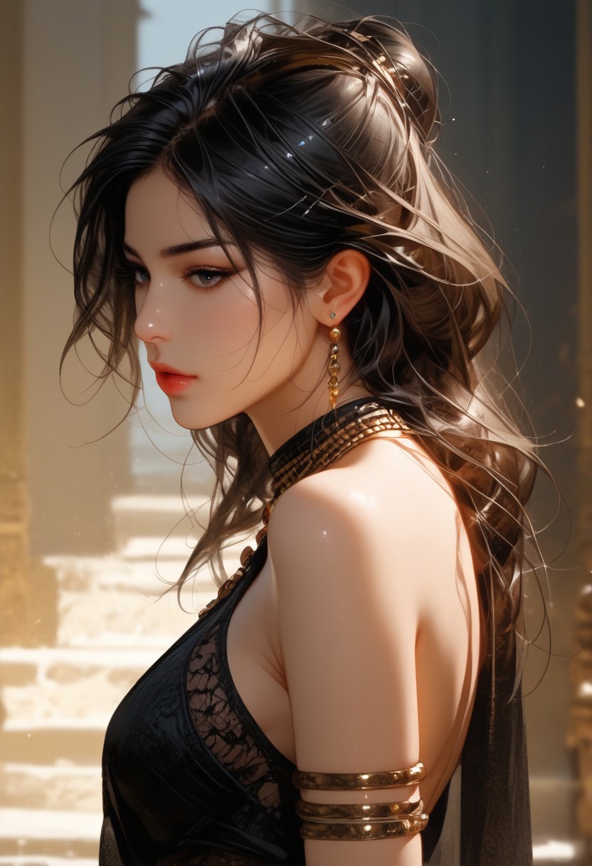 (score_9, score_8_up, score_7_up), 1 girl, savita bhabhi, India Model ,brown skin, detailed eyes, black hair, slave leia outfit,skirt lift, 1girl,,pale skin,goth,nsfw, baroque clothes, from side, viewed from side, Look to Viewer