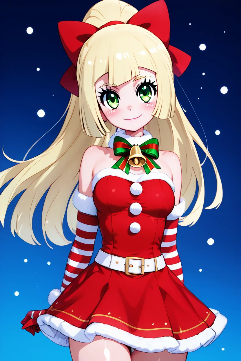 score_9, score_8_up, score_8, medium breasts, (curvy), cute, eyelashes,     ,,, , zzPLillie, green eyes, blonde hair, hair bow, long hair, ponytail, bow, christmas, dress, bare shoulders, bell, striped, red dress, neck bell, belt, <lora:PeppermintLilliePDXL:1.0>,  ,,,, BREAK, smile, closed mouth, looking at viewer, cowboy shot,  ,,, embedding:zPDXL, Expressiveh, ,,, <lora:MantisStyle_PDXL_v2:0.8>, <lora:SDXLFaeTastic2400:0.5>, <lora:Expressive_H-000001:0.4>,