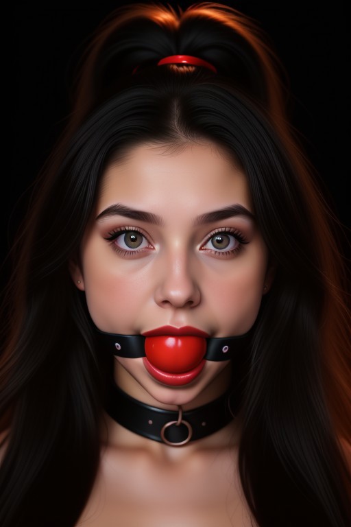 close up shot of a side portrait view of young woman with long hair in front of a black background, studio light, beautiful, pretty, detailed skin, skin pores, high contrast ((large wide black ball gag)), vivid red lipstick