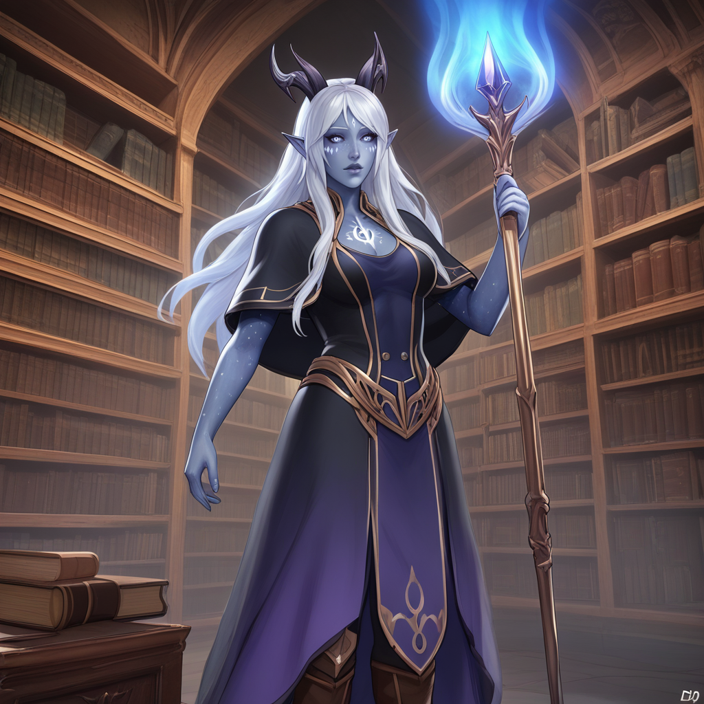 score_9, score_8_up, score_7_up, professional 3d render of aara, female, long hair, colored skin, grey skin, facial mark, horns, bangs, pointy ears, capelet, chest tattoo, side breasts, boobs, female body, belt, skirt, dress, boots, he's standing by a library, in an elven palace room, fantasy genre, bookshelves in the  background  <lora:Classic Fantasy:0.25> FANTASY, CLASSICFANTASY,  CLASSICFANTASY ART, <lora:fantasy_world_pony:0.25>  <lora:AaravosPonyLora:0.8> holding a staff, she's surrounded by an energy aura, blue aura, glowy aura, spectral entity  <lora:ghostly:0.3>