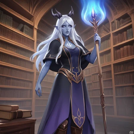 score_9, score_8_up, score_7_up, professional 3d render of aara, female, long hair, colored skin, grey skin, facial mark, horns, bangs, pointy ears, capelet, chest tattoo, side breasts, boobs, female body, belt, skirt, dress, boots, he's standing by a library, in an elven palace room, fantasy genre, bookshelves in the background <lora:Classic Fantasy:0.25> FANTASY, CLASSICFANTASY, CLASSICFANTASY ART, <lora:fantasy_world_pony:0.25> <lora:AaravosPonyLora:0.8> holding a staff, she's surrounded by an energy aura, blue aura, glowy aura, spectral entity <lora:ghostly:0.3>