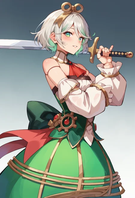 score_9, score_8_up, score_7_up, uncensored, source_anime, 1girl, <lora:spceciliaImmergreenXLPony:1> immer1st, doll joints, hairband, dress, red ascot, detached sleeves, detached collar, green skirt, strapless, blush, hand on hilt, hand up, light smile, looking at viewer, parted lips, solo, sword, weapon, :|, from side, gradient background, grey background