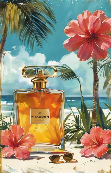 masterpiece,best quality,<lora:tbh265-sdxl:0.9>,illustration,style of Beachwear fashion A bottle of perfume in garden