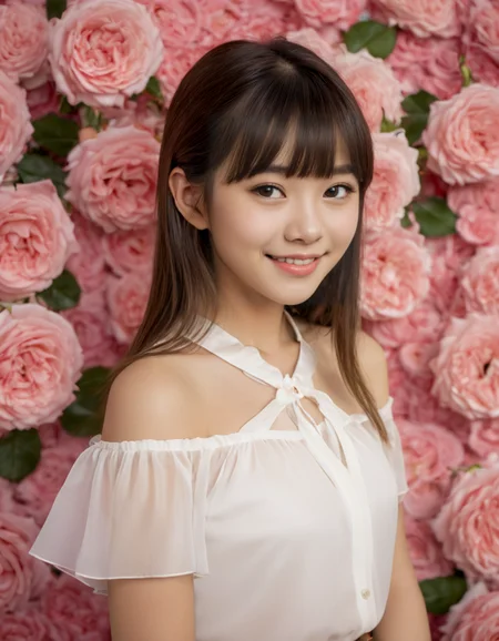 Hight detail RAW color photo, professional photograph, (Strong saturation:2.0),
beautiful japanese woman, 20 yo, (tilt one's head:2.0), Straight long hair with bangs, Big round eyes, smiling,
Shoulder Bare collared See-through blouse and A Pleated loose skirt,
roses Wallpaper,
<lora:roseyard:1>