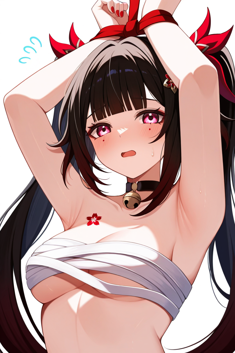 masterpiece,best quality,
mark under both eyes,1girl,bound,arms up,simple background,breasts,blunt bangs,underwear,highres,red ribbon,blush,twintails,bound wrists,undone sarashi,red nails,armpits,ranran 3939,flying sweatdrops,sparkle \(honkai: star rail\),open mouth,sarashi,medium breasts