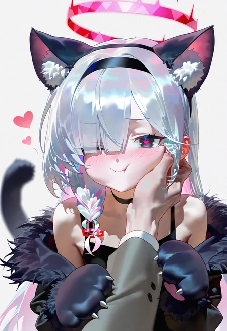 masterpiece, best quality, good quality, nyalia,
1girl, animal hands, animal ears, plana \(blue archive\), heart, halo, pov hands, black eyes, paw gloves, cat ears, pov, gloves, black hairband, long hair, cheek squash, hand on another's face, red halo, cat paws, hand on another's cheek, black choker, fur trim, hairband, symbol-shaped pupils, one eye closed, colored inner hair, braid, hair over one eye, multicolored hair, choker, looking at viewer, single braid, solo focus, pink hair, white background, white hair, fake animal ears, simple background, heart-shaped pupils, blush, red pupils, 1boy, upper body, closed mouth, bare shoulders, pink pupils, pink halo, tail, cheek press, cat tail, off shoulder, black gloves, 1other, two-tone hair, alternate costume, smile, animal ear fluff, sensei (blue archive), black coat, grey hair, long sleeves, pout
<lora:ai_styles_collection_noob_vpred-0.6_v2:1>