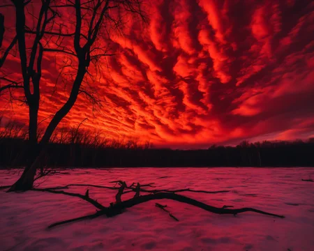 Envision a world where the atmosphere has been tainted by a catastrophic event, causing the sky to be perpetually painted in shades of red and orange. The sunsets are surreal and haunting, casting an eerie glow on the desolate landscapes below, SZ_4poXL enviroment   <lora:Post ApocalypticXL_v2:0.6>