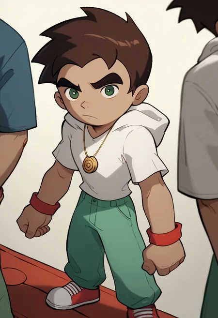 score_9, score_8_up, score_7_up break raixs, Raimundo, cartoon style, 1boy, dark brown hair, dark green eyes, tan skin, gold spiral circle necklace, white hoodie, green pants, red white shoes,