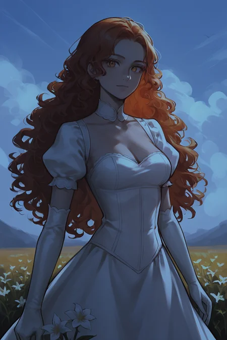 score_9, score_8_up, score_7_up, rating_safe, dark theme, low light, 1girl, solo, long hair, curly hair, wavy hair, orange hair, orange eyes, looking at viewer, breasts, dress, white dress, puffy sleeves, puffy short sleeves, short sleeves, gloves, elbow gloves, white gloves, cowboy shot, closed mouth, standing, outdoors, field, flower, grass, plant, sky <lora:Smooth Night Style SDXL_LoRA_Pony Diffusion V6 XL:1>