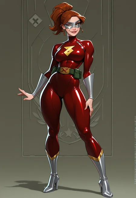 masterpiece, best quality, amazing quality, very aesthetic, J0t4m0z,

solo

tall female, toned body, Irish, full body freckles, late 20s, auburn hair, high ponytail, emerald eyes, high cheekbones, soft facial features, full lips, confident expression, smile, smirk, elegant, commanding presence. female superhero, red metallic bodysuit, gold accents, star and checkmark emblem, silver heels, ((silver eyemask:1.0)), confident stance, military detailing, utility belt, sensual yet commanding, sexy superheroine, sharp eyeliner, bodysuit, high heel boots. fighting stance.