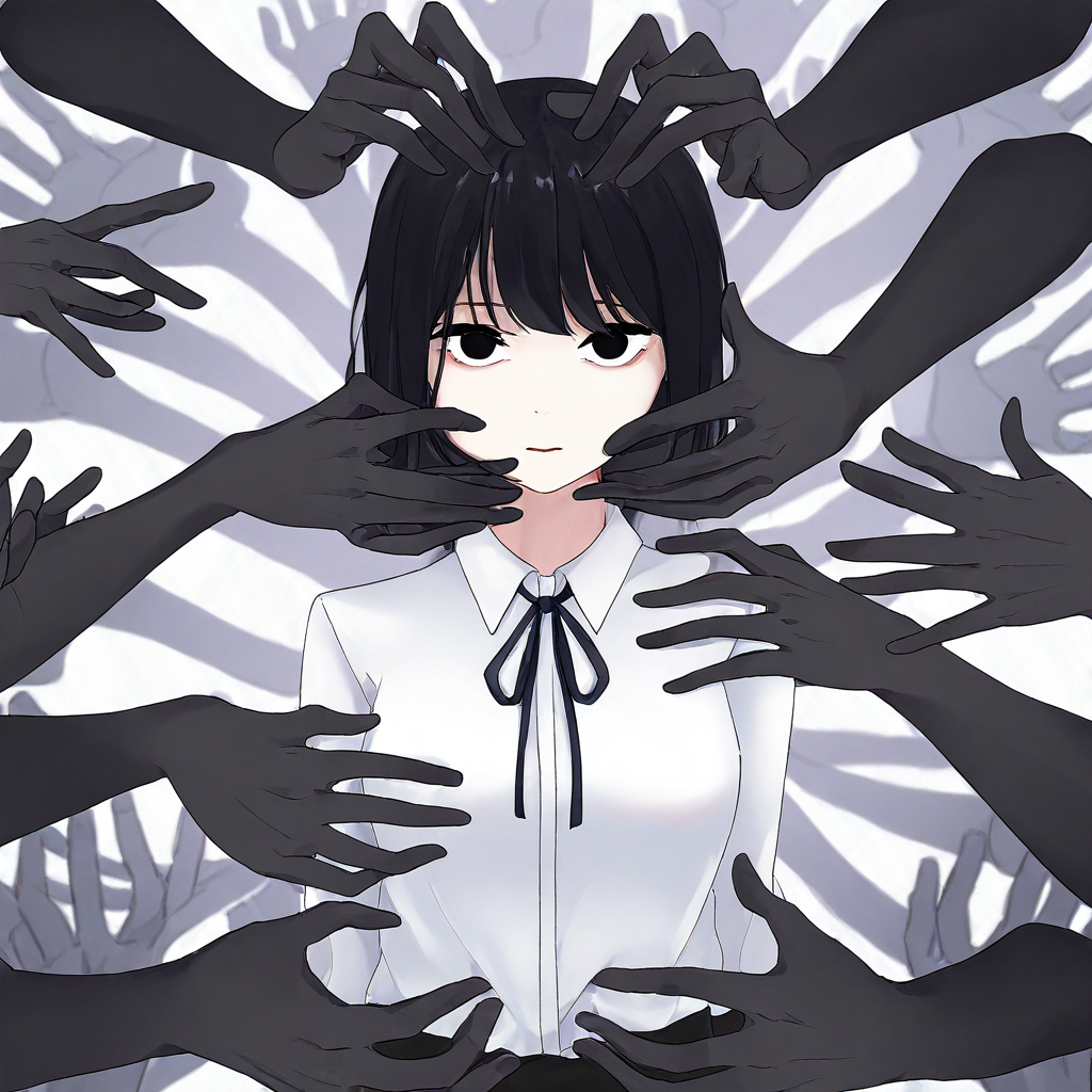 disembodied hands, 1girl, multiple hands behind girl, black hair,upper body,looking at viewer, white shirt,black disembodied hands