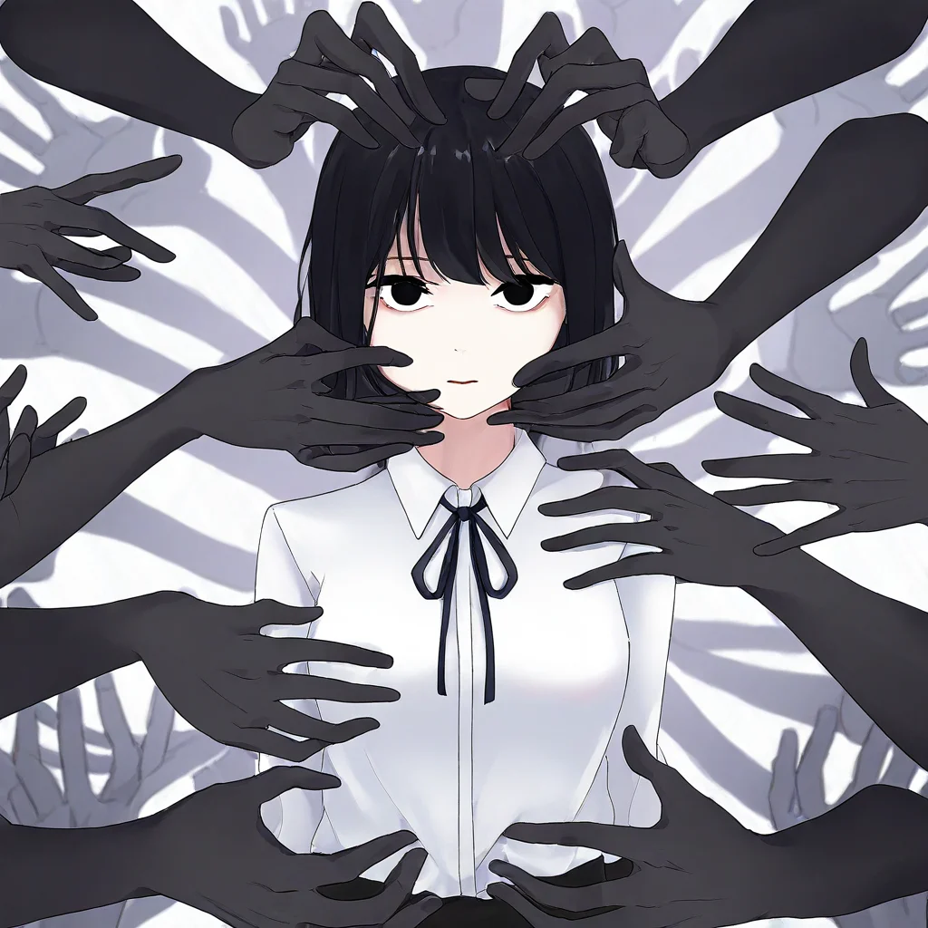 disembodied hands, 1girl, multiple hands behind girl, black hair,upper body,looking at viewer, white shirt,black disembodied hands