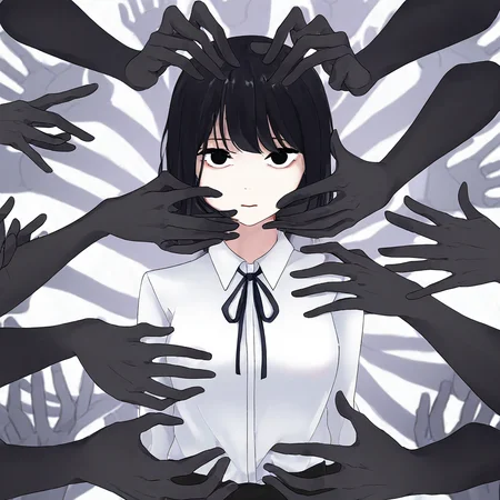 disembodied hands, 1girl, multiple hands behind girl, black hair,upper body,looking at viewer, white shirt,black disembodied hands