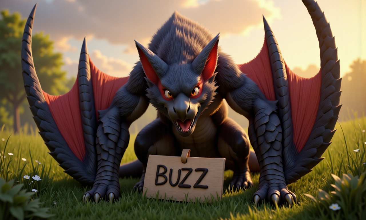 hyperrealistic art of a dragon in a field, the dragon has a winged arm. the dragon has a red glowing eye, the dragon holding a sign that said BUZZ. aidmaHyperrealism, mythp0rt, n4rg4cug4. extremely high-resolution details, photographic, realism pushed to extreme, fine texture, incredibly lifelike, Cinematic photography, movie mood, cinematic light, compelling composition, storytelling elements, conveys emotion, mood, and narrative depth, creating visually striking images that feel like still frames from a film,