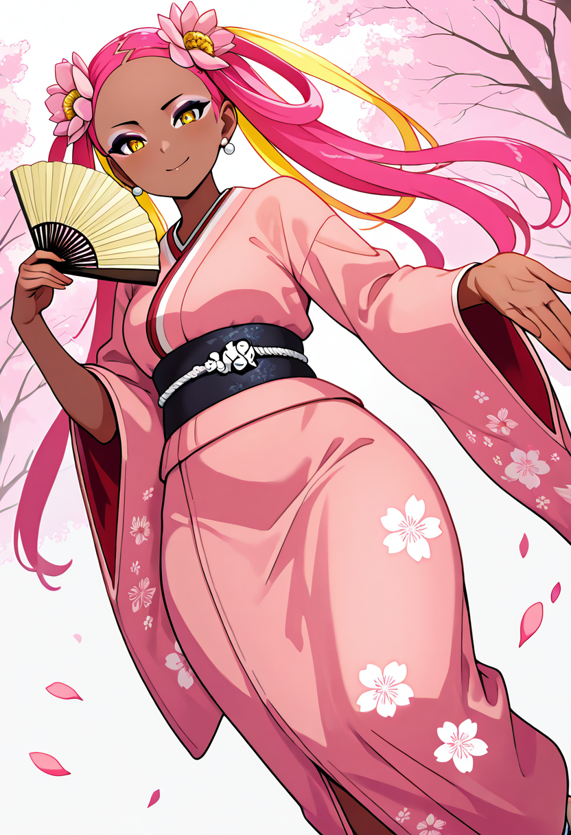 masterpiece, best quality, solo, curvy, beautiful eyes, narrow waist, wide hips, 1girl, solo, smile, looking at viewer, dynamic angle, foreshortening, close up,    zzPlumeria, pink hair, multicolored hair, blonde hair, two-tone hair, long hair, yellow eyes, hair ornament, quad tails, eyeshadow, skull hair ornament, dark skin,   ,<lora:PlumeriaPokemonIXL_v2:1.0>,[Japanese Cherry Blossom Park], light pink kimono with delicate cherry blossom embroidery, wide obi belt with intricate patterns, white sandals with pink flower detail, elegant folding fan, pearl earrings, standing beneath a blooming sakura tree with petals gently falling, serene park with a koi pond,