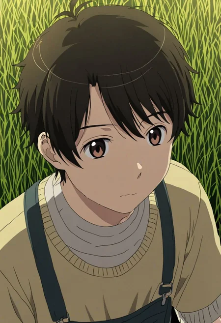 high resolution, solo, best quality, 1Boy, Inaho Kaizuka, Black Hair, Brown Eyes, grass, middle night, OverallDetail